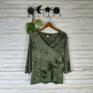 Vintage Y2K Tie Dye Faux Surplice Wrap Dark Green Blouse